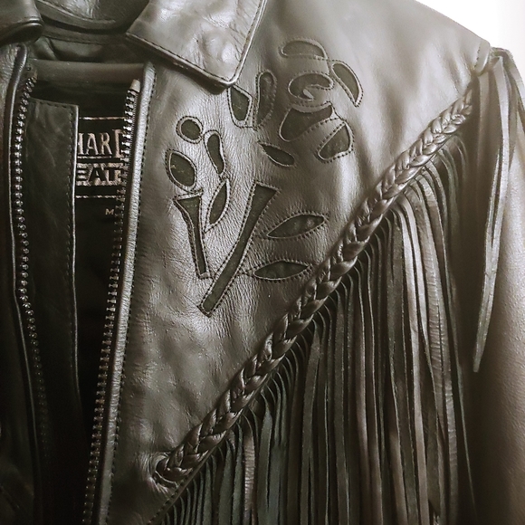 Black Genuine Leather Fringed Jacket w/ Black Rose - Picture 12 of 14